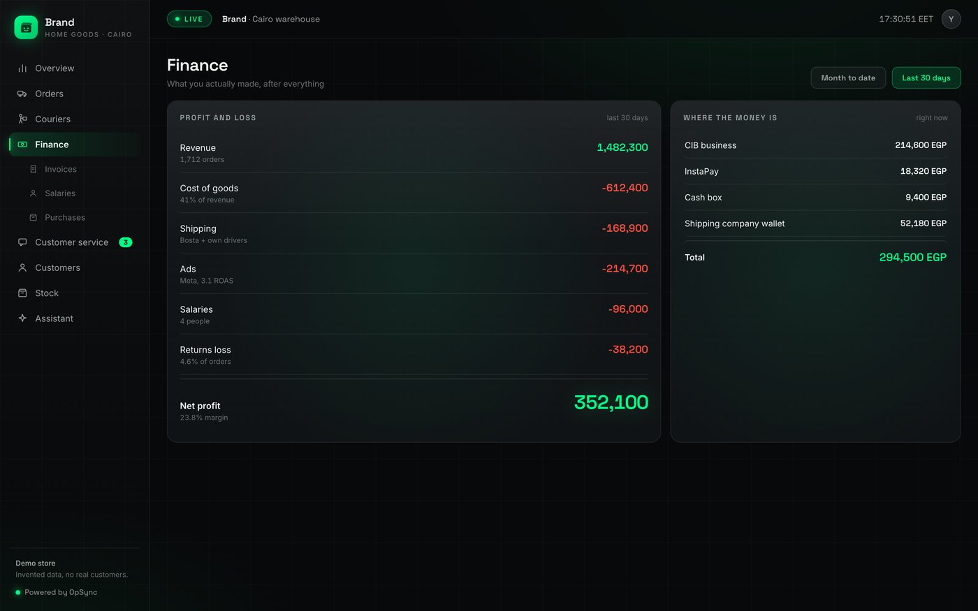 OpSync hub, the finance screen